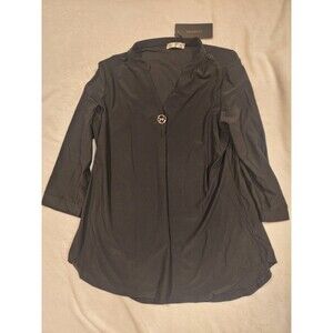 Terrishe Black 3/4 Sleeve V-NECK Blouse Shirt Shell Slipover Loose Tunic L Women